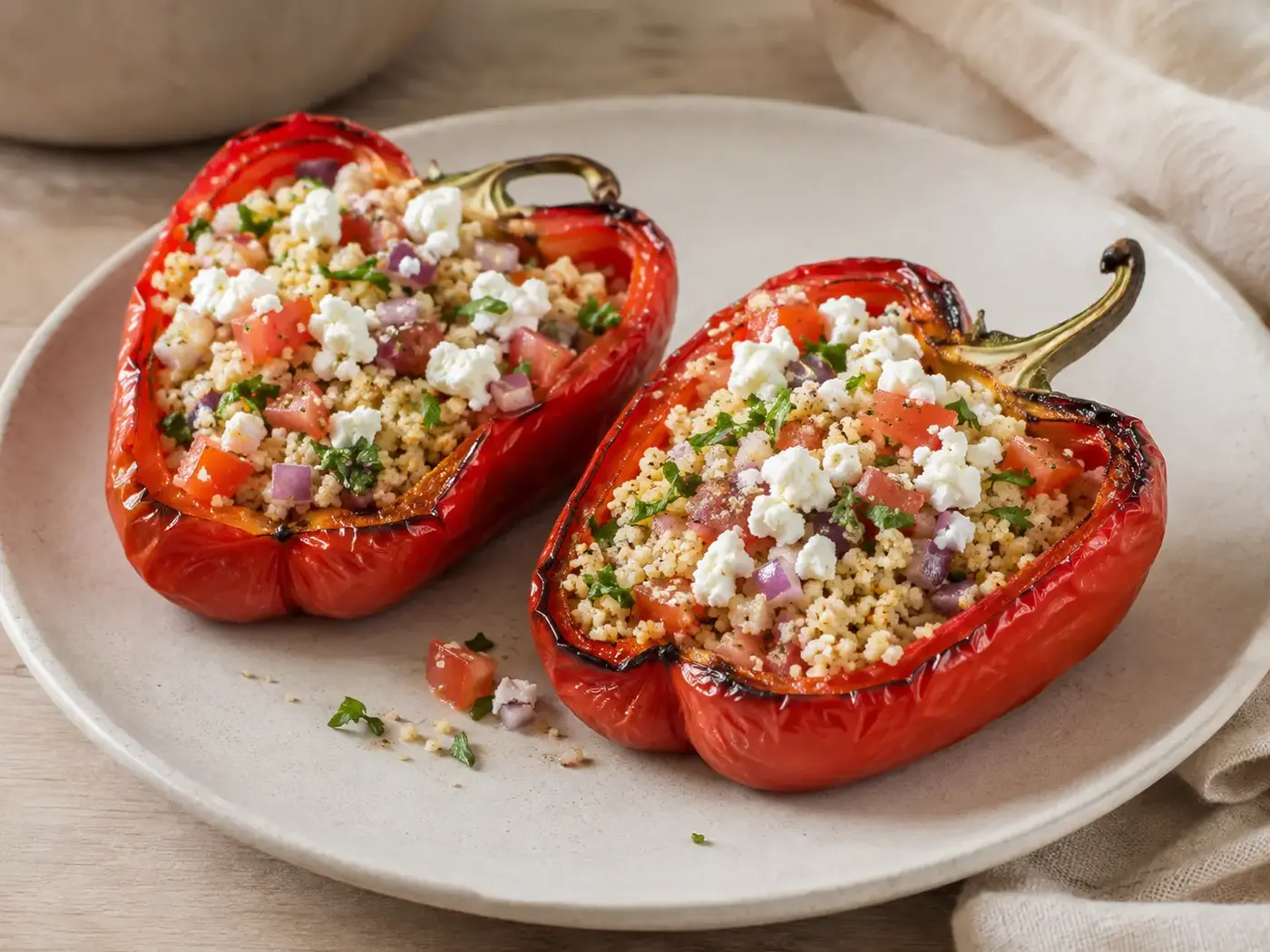 Geroosterde paprikahelften gevuld met couscous, tomaat en feta