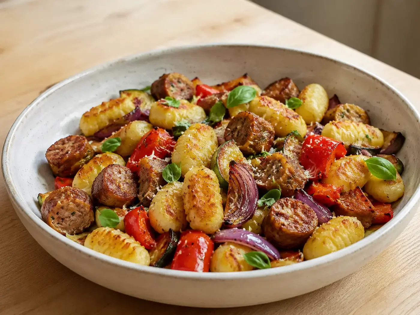 Krokante gnocchi met stukjes worst, paprika en courgette