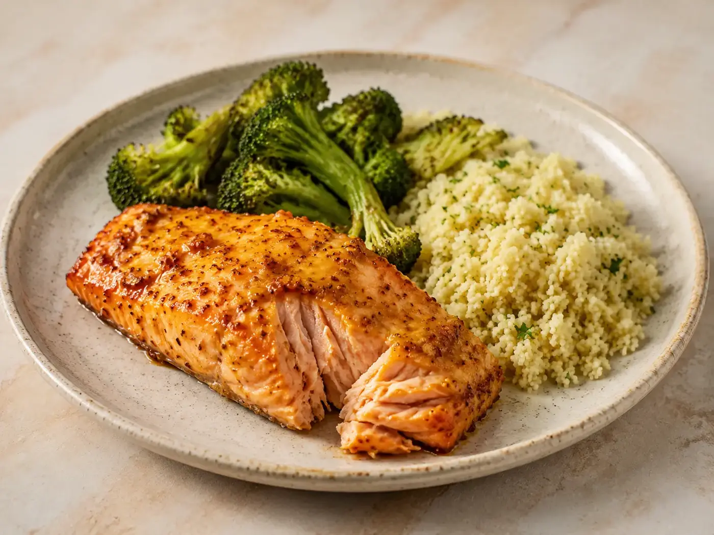 Honing-mosterdzalm met geroosterde broccoli en couscous