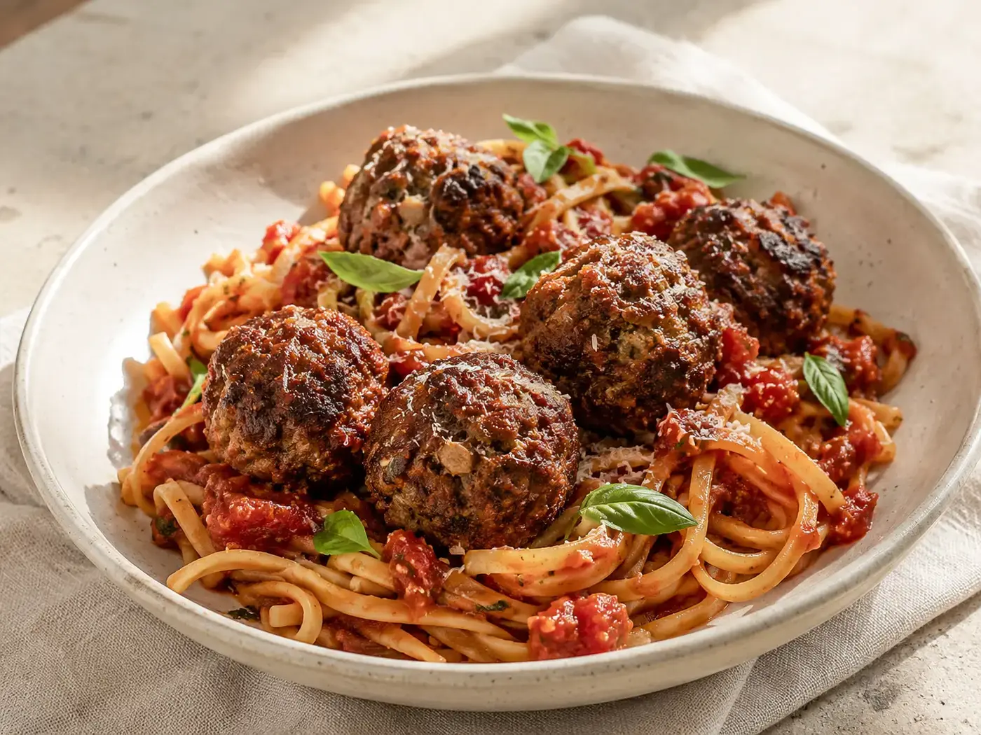 Italiaanse gehaktballetjes met tomatensaus en pasta