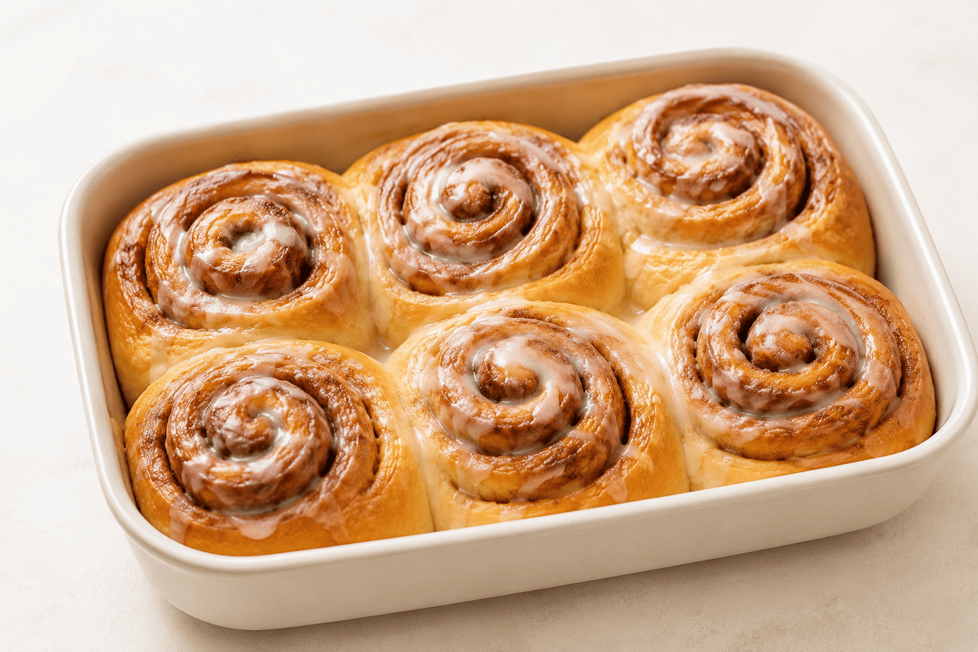 Zes goudbruine kaneelbroodjes met vanilleglazuur in een kleine bakvorm