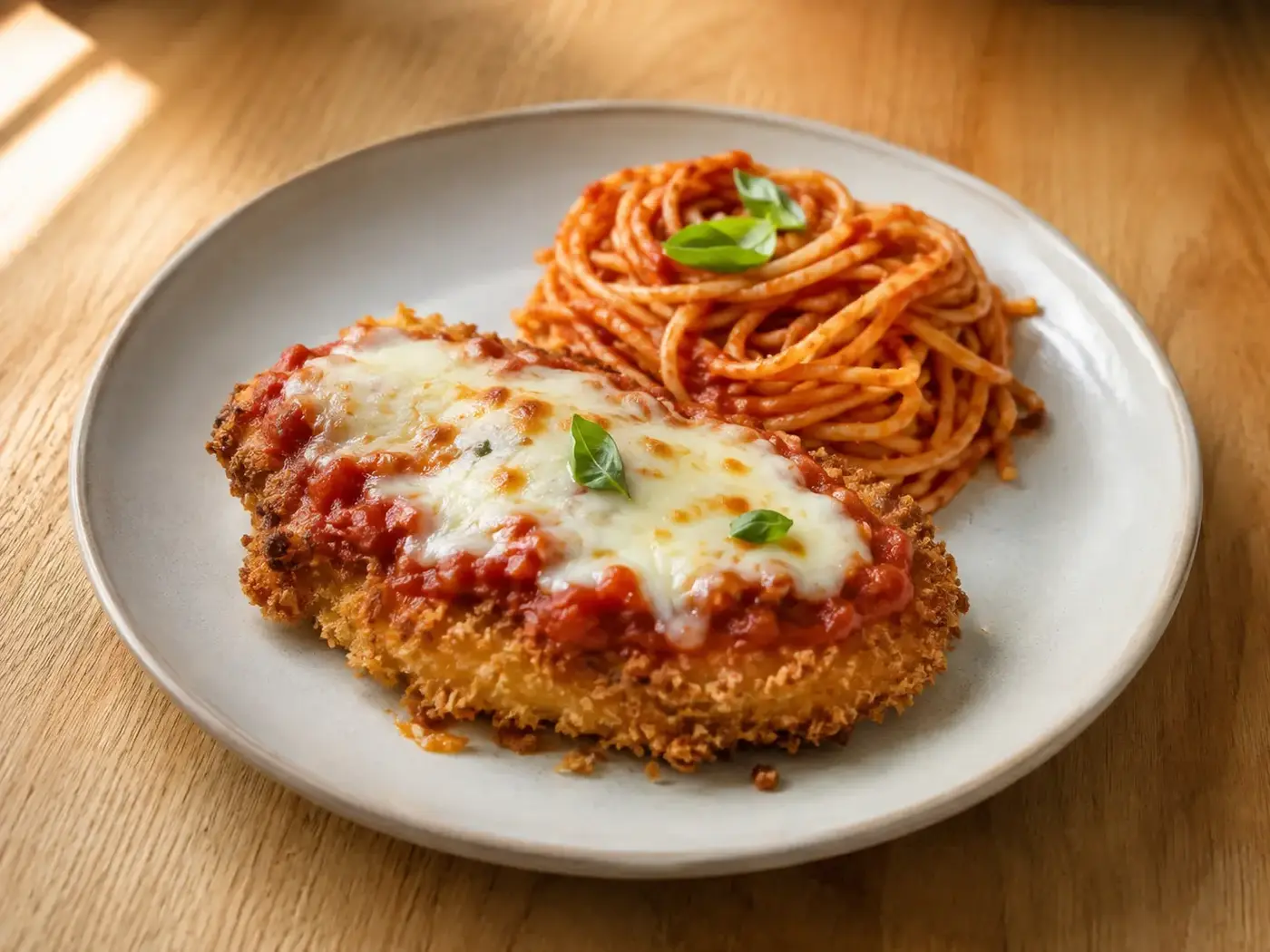 Krokante kip-parmezaan met tomatensaus, mozzarella en spaghetti
