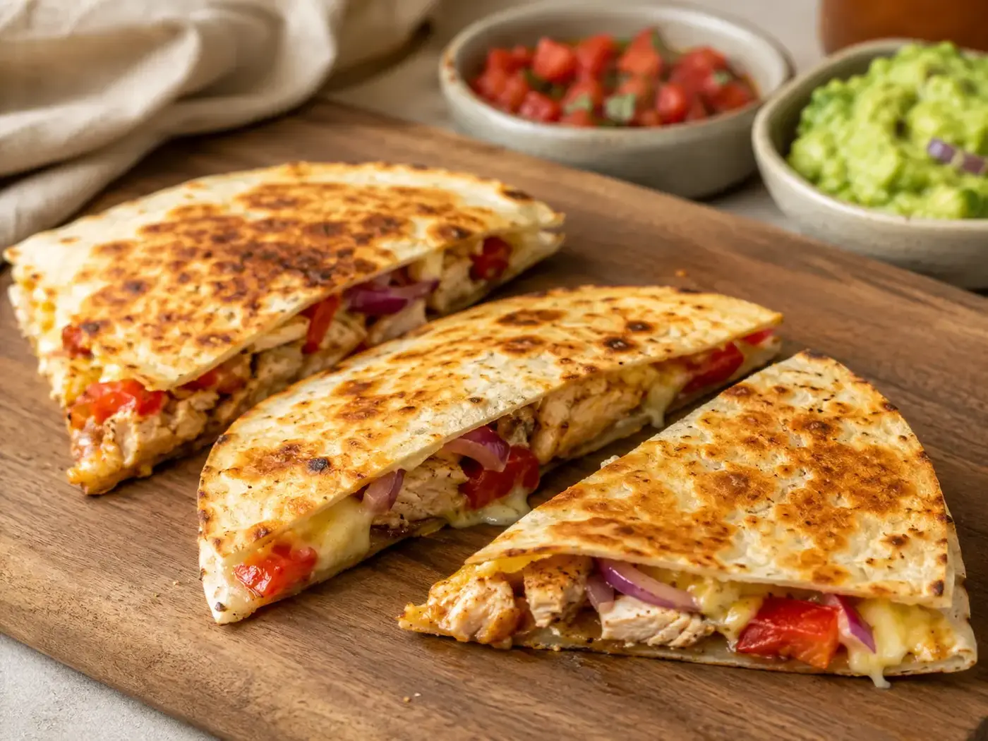 Krokante quesadillapunten met kip, paprika en gesmolten kaas