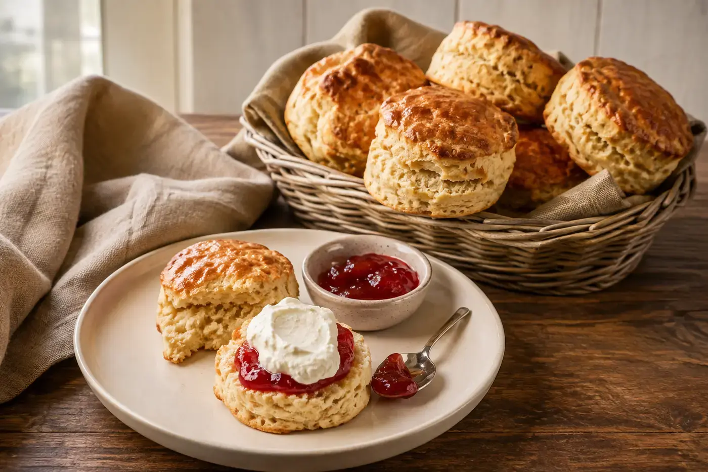 Luchtige goudbruine scones uit de airfryer met aardbeienjam en room
