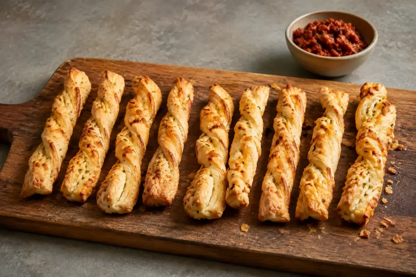 Goudbruine gedraaide knoflook-kaasstengels van bladerdeeg met Parmezaanse kaas en peterselie