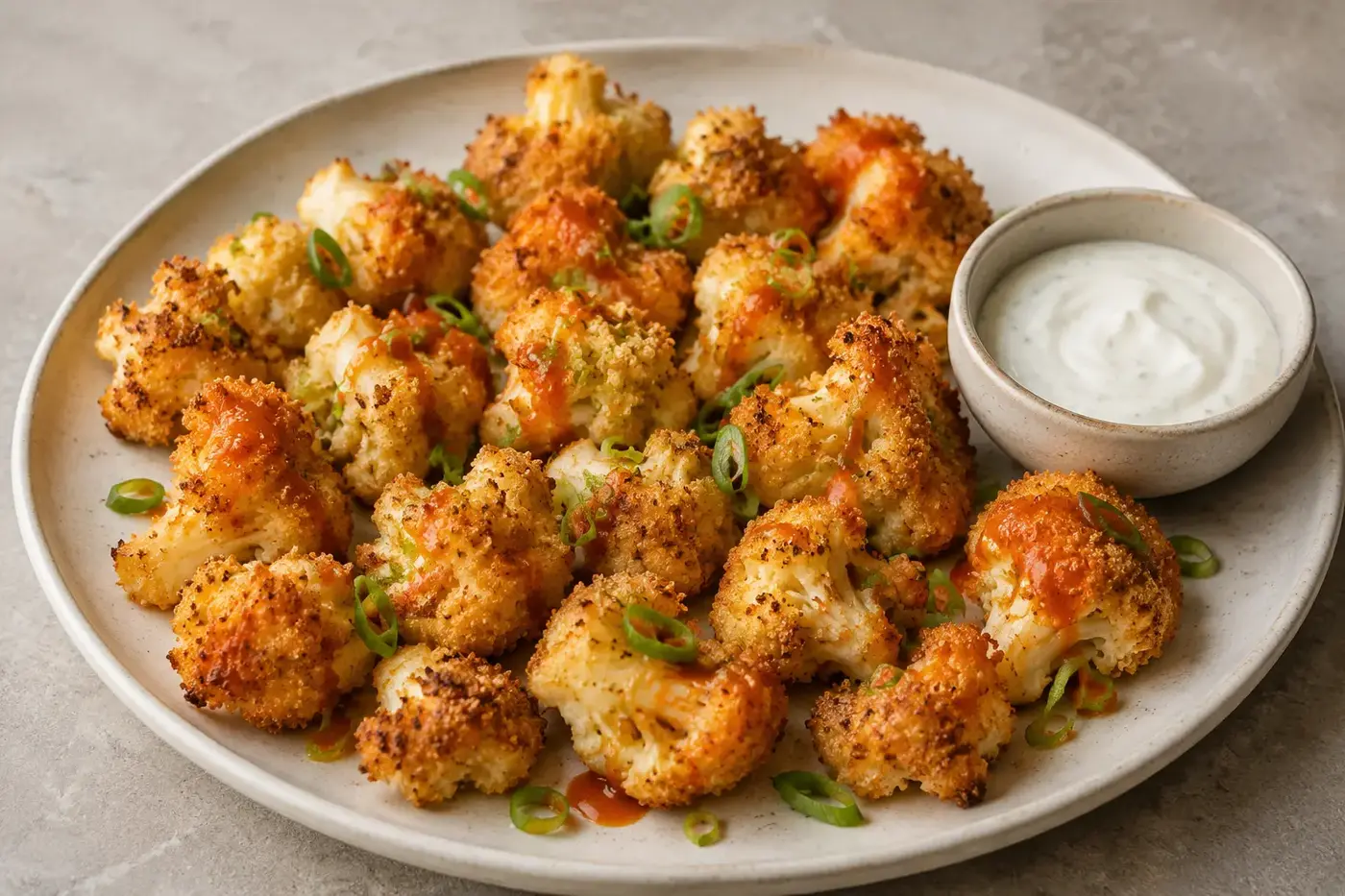 Goudbruine krokante bloemkoolbites met pittige saus, bosui en een romige dip