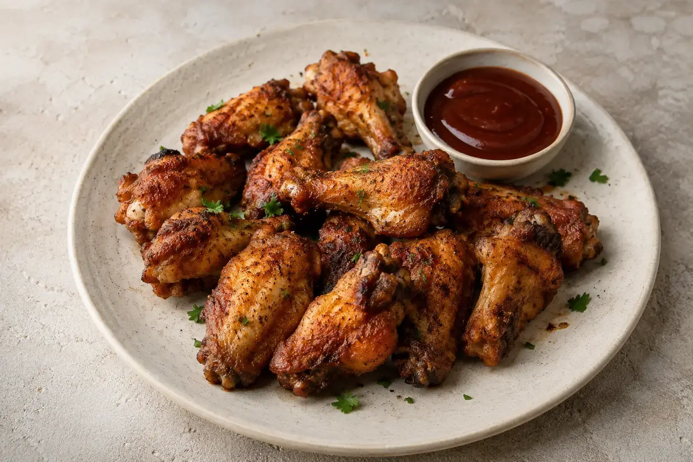 Goudbruine krokante kippenvleugels uit de airfryer met peterselie en een schaaltje saus