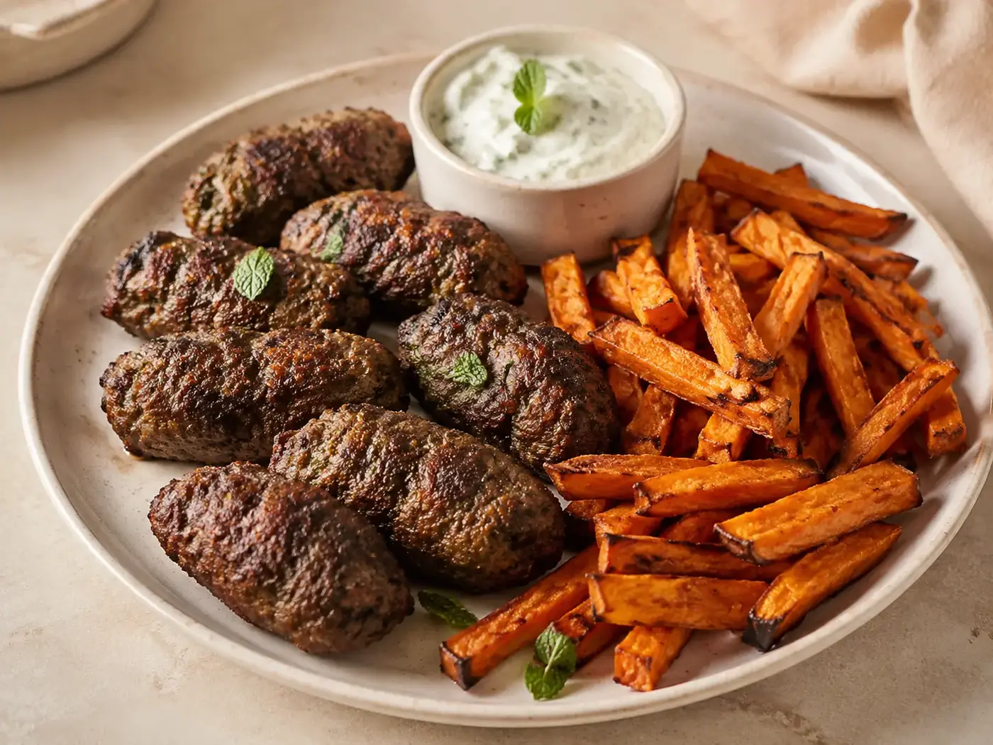 Lamskofta met zoete-aardappelfriet en yoghurtsaus