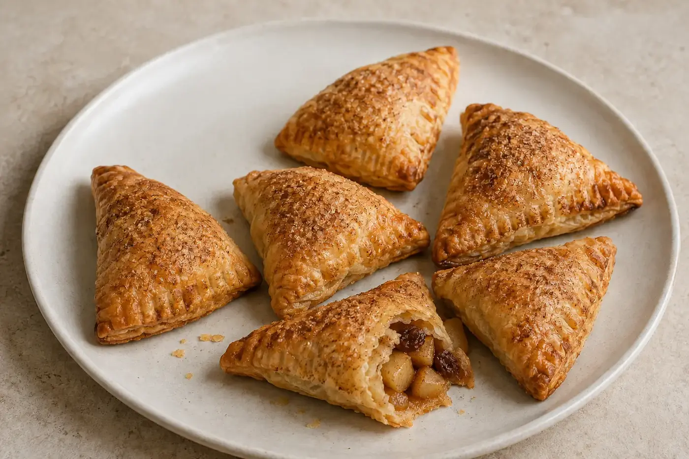 Zes goudbruine mini-appelflappen met kaneelsuiker en zichtbare appelvulling