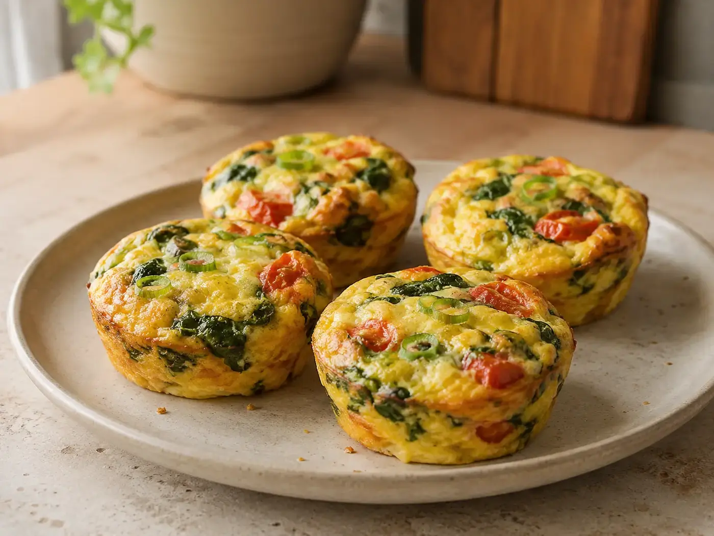 Vier goudgele mini-frittata’s met spinazie, tomaat en kaas