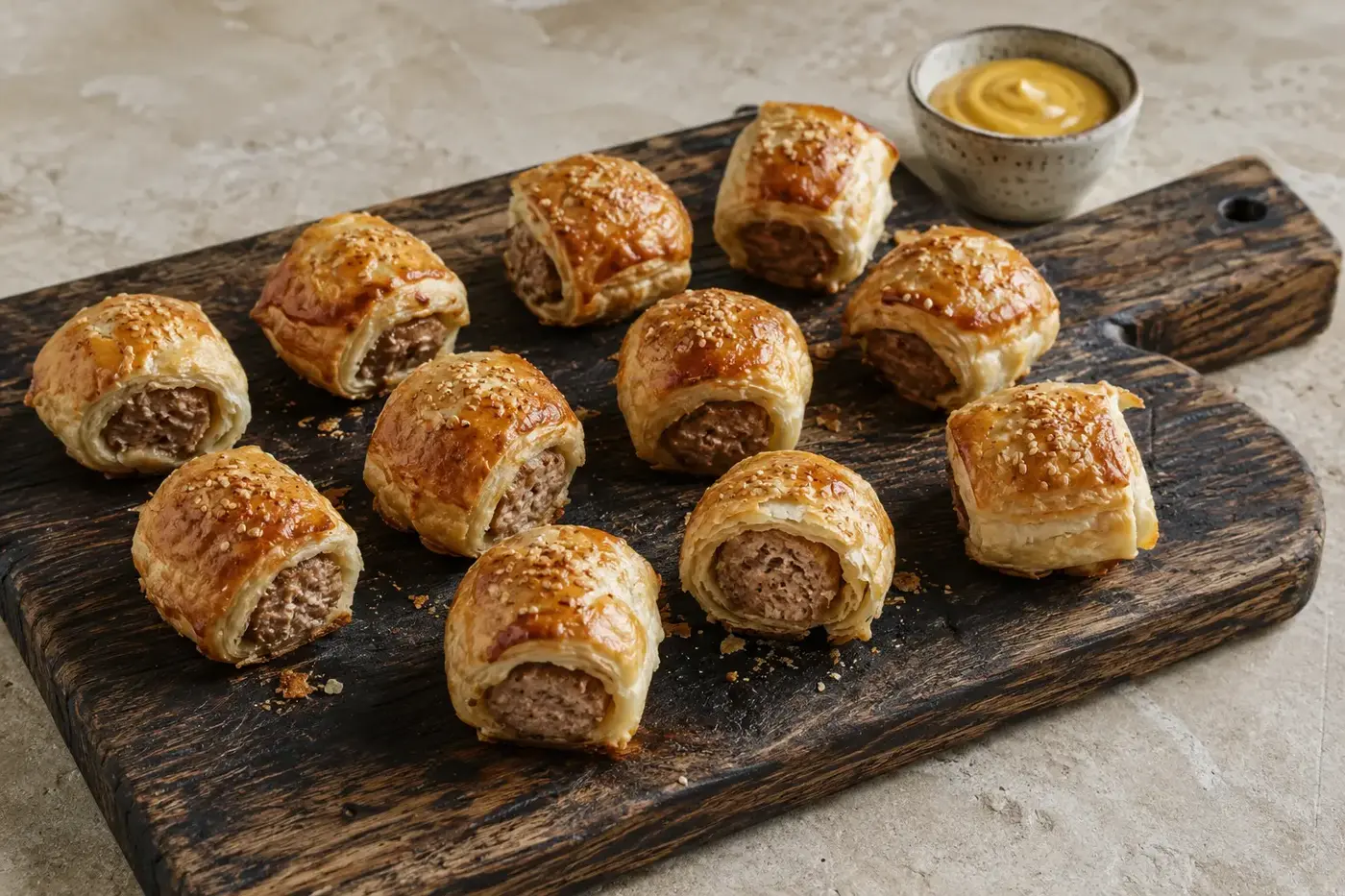 Twaalf goudbruine mini-saucijzenbroodjes met sesamzaad op een donkere serveerplank