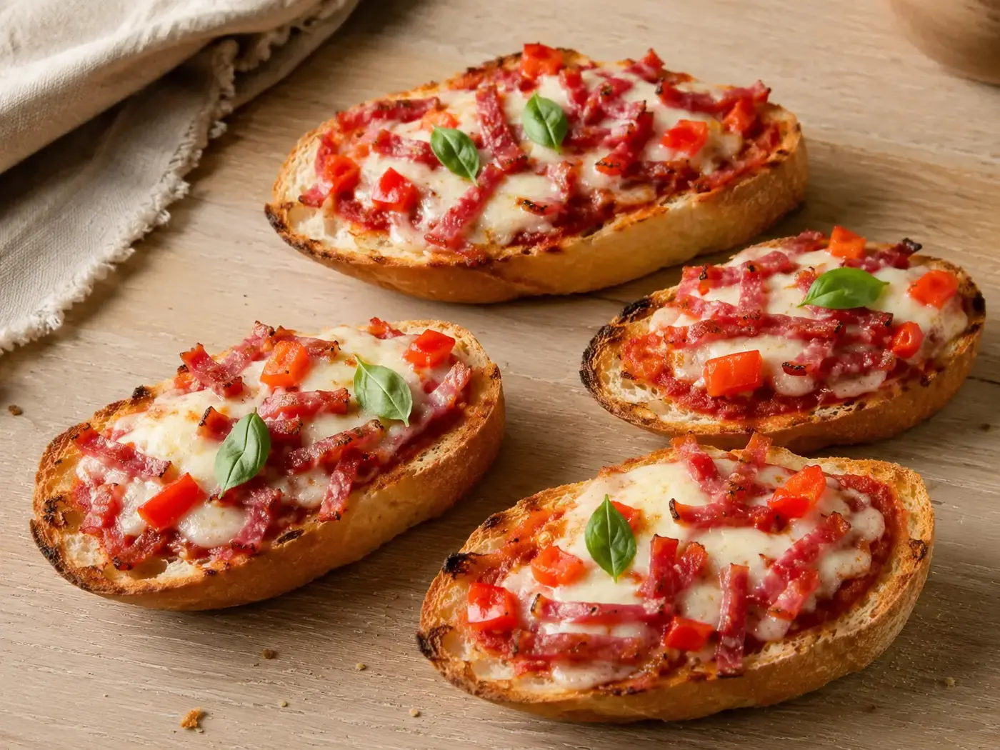 Krokante pizzabroodjes met mozzarella, paprika en salami