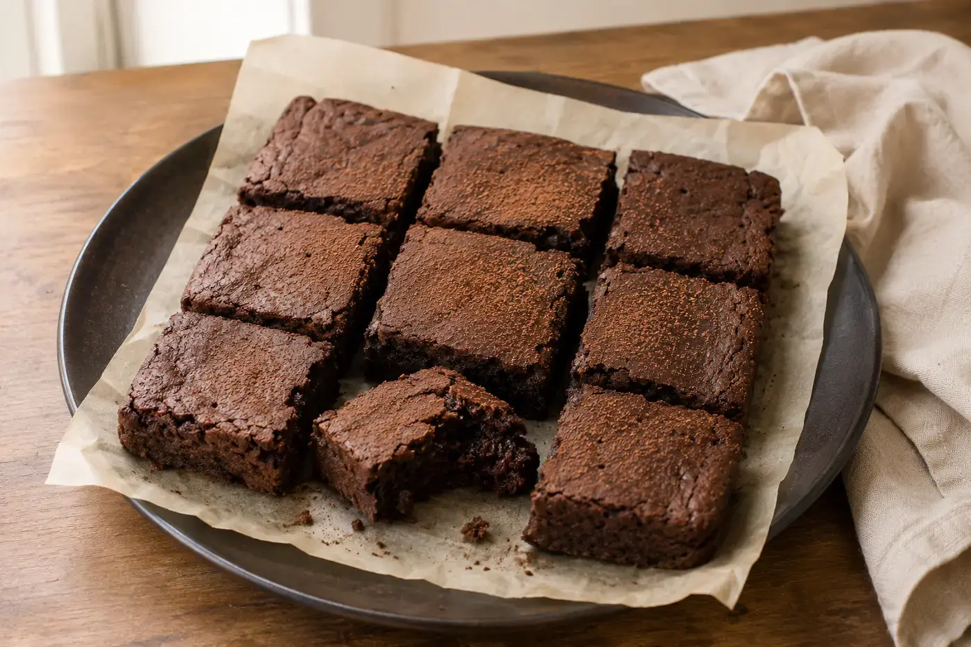 Smeuïge chocoladebrownies uit de airfryer met een zacht midden en een dun krokant korstje
