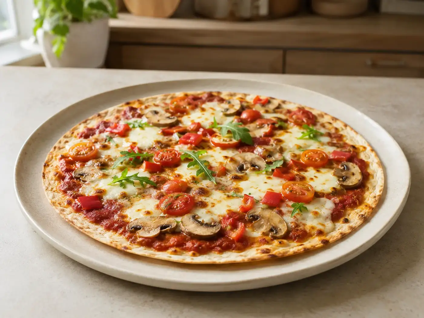 Dunne krokante tortillapizza met mozzarella, tomaat, paprika en champignons