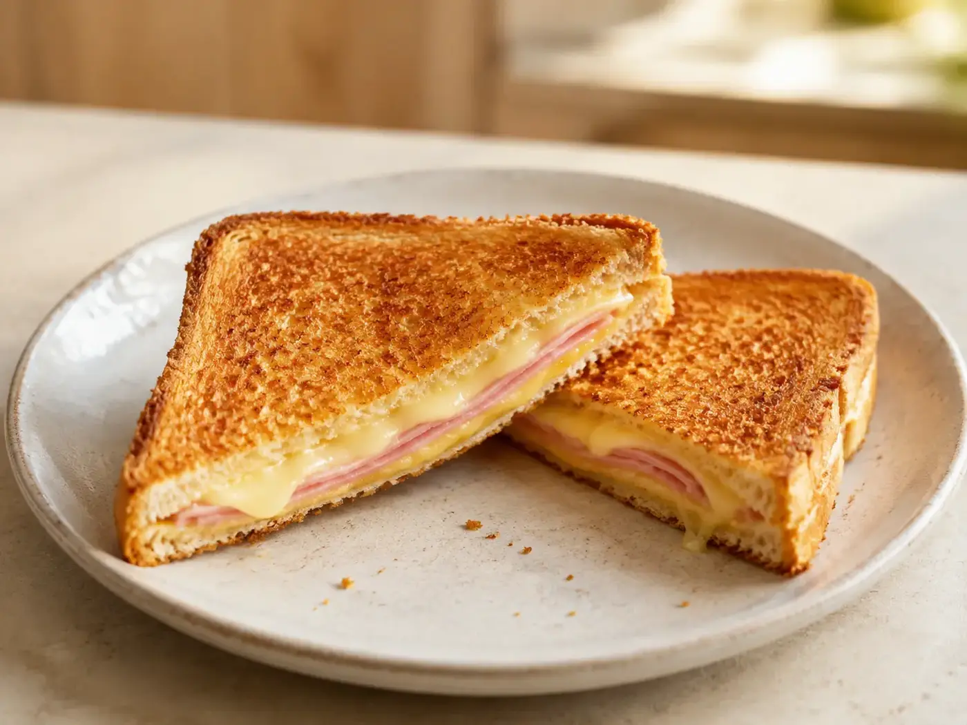 Goudbruine tosti met ham en gesmolten kaas op een licht bord