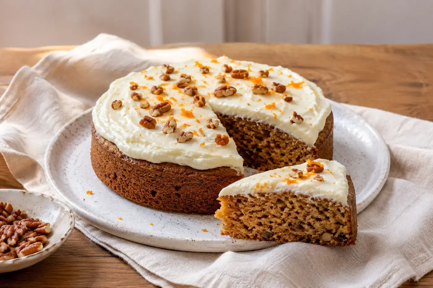 Worteltaart uit de airfryer met roomkaasglazuur, pecannoten en een zachte kruidige binnenkant
