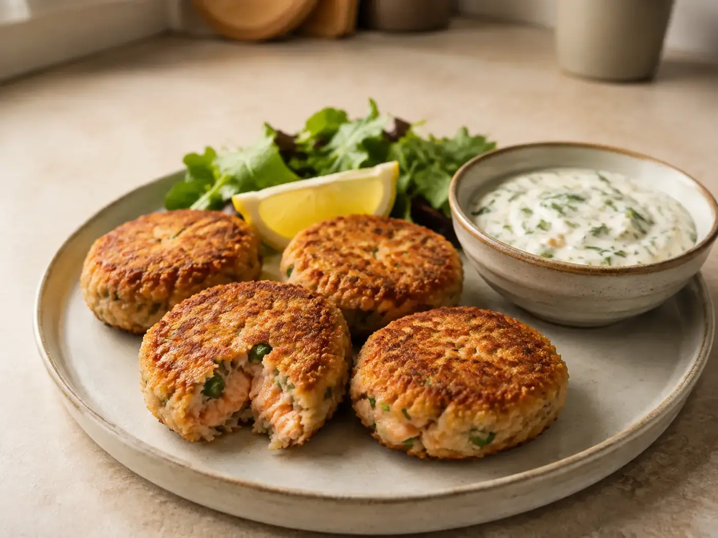 Vier goudbruine zalmkoekjes met citroen-dille-yoghurtsaus