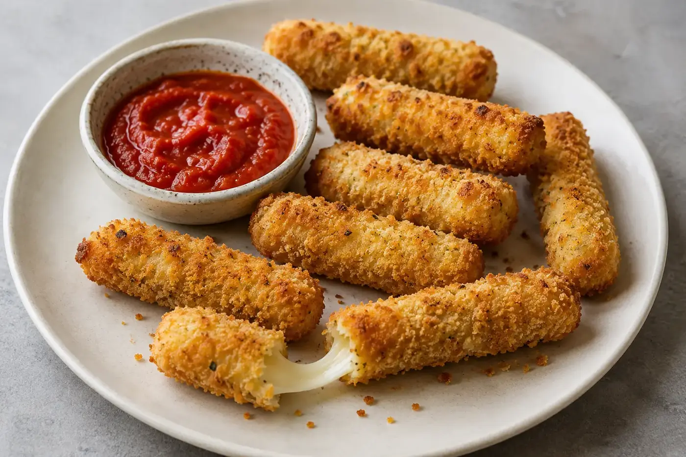Krokant gepaneerde mozzarellasticks met uitrekkende kaas en tomatendip