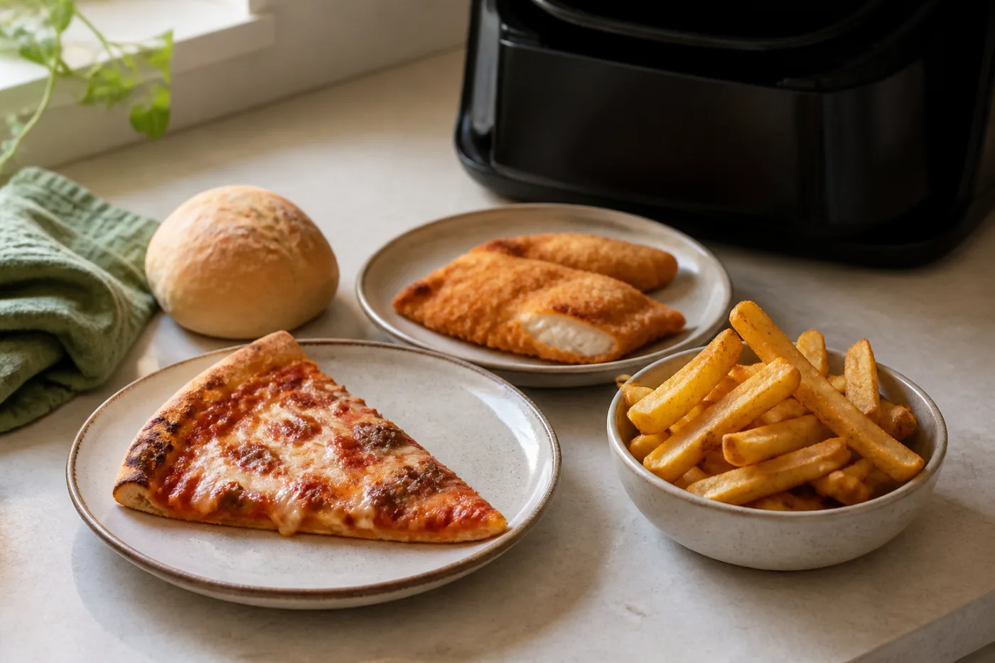 Pizza, friet en andere restjes die in kleine porties worden opgewarmd