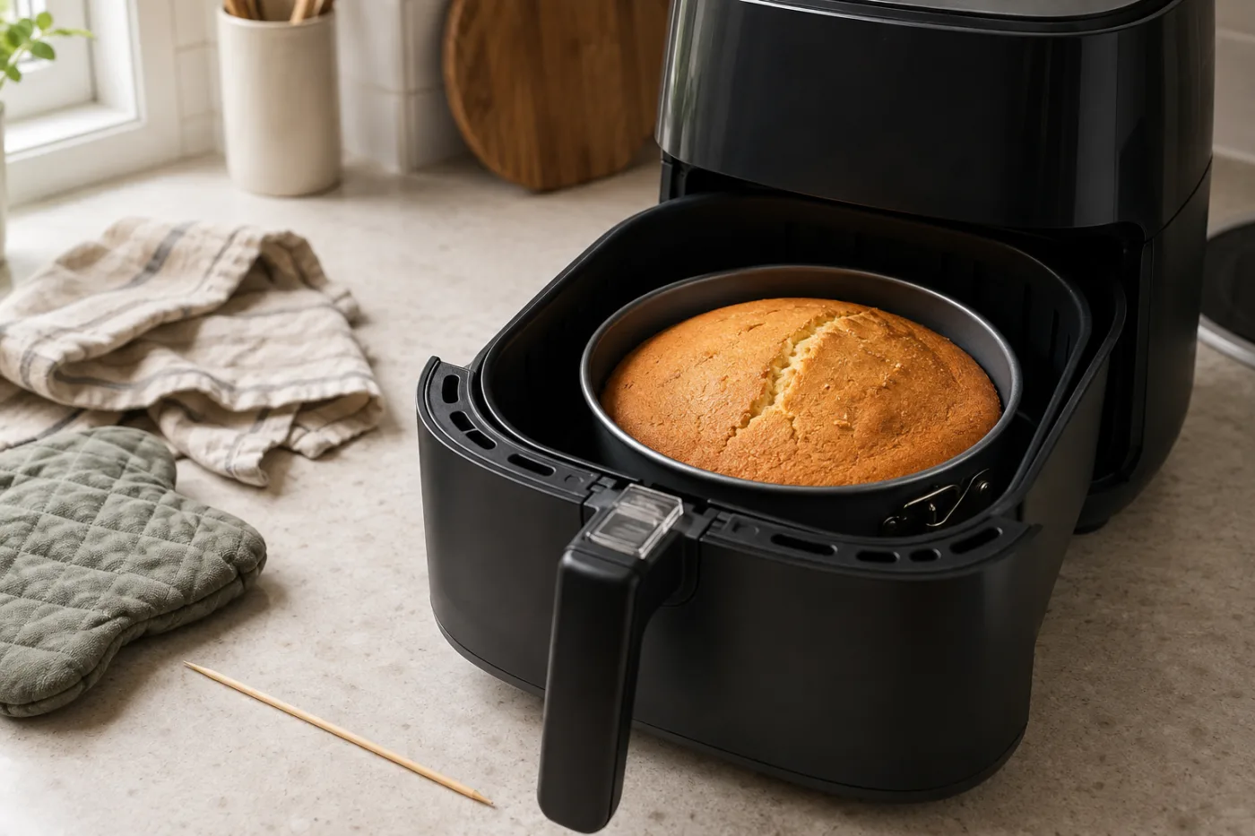 Een goudbruine cake in een ronde bakvorm in het geopende mandje van een airfryer