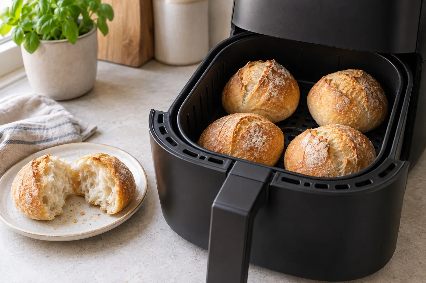 Vier goudbruine afbakbroodjes in een open airfryermandje en een opengescheurd broodje op een bord ernaast.