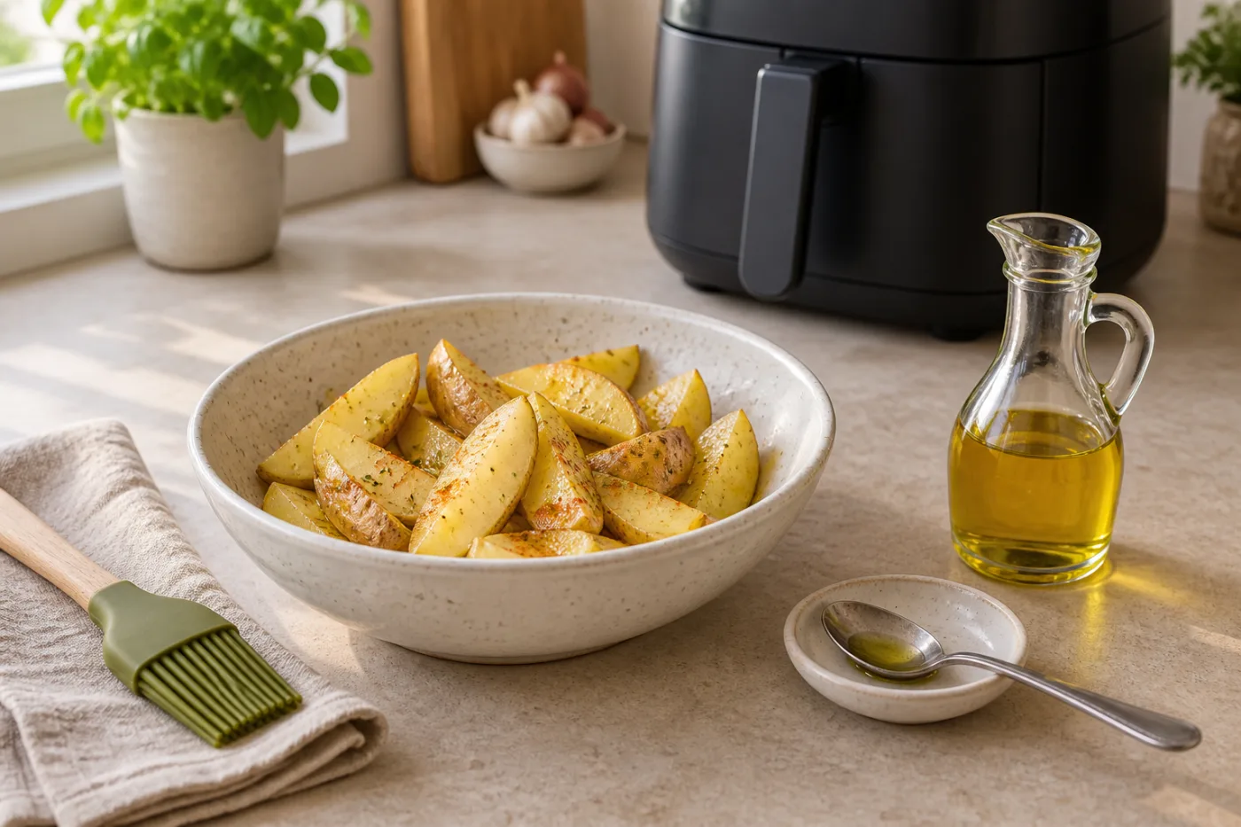 Kom met gekruide aardappelpartjes naast een fles olie, theelepel en keukenkwastje, met een airfryer op de achtergrond.