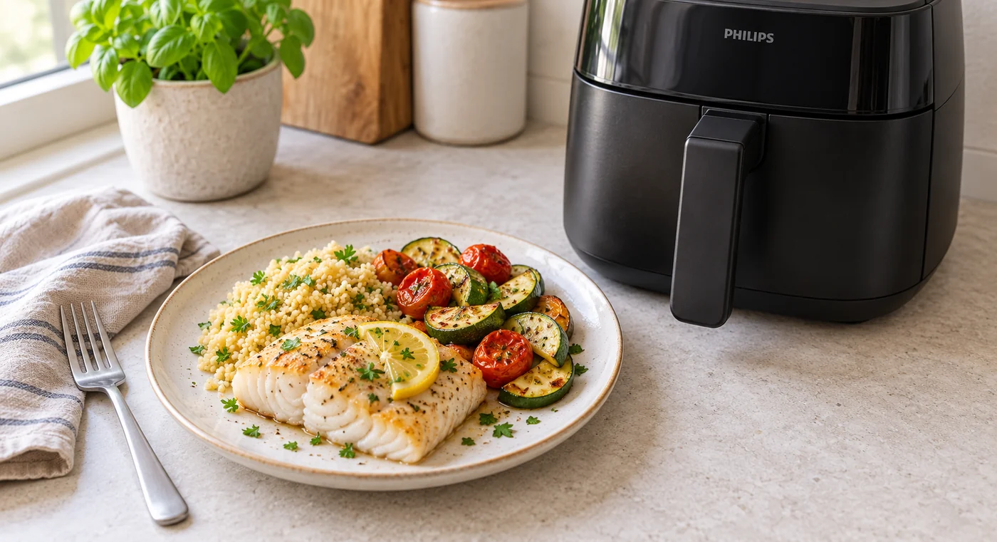 Bord met kabeljauw, courgette, tomaat en couscous naast een airfryer.