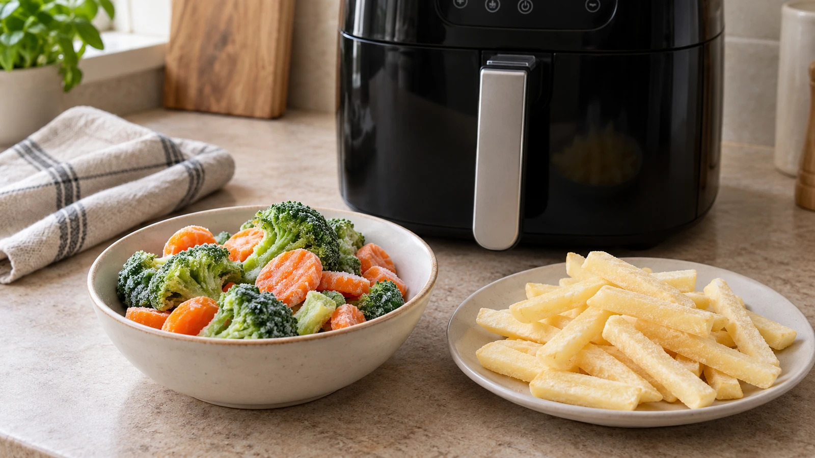 Bevroren broccoli en wortel in een kom en diepvriesfriet op een bord naast een zwarte airfryer.