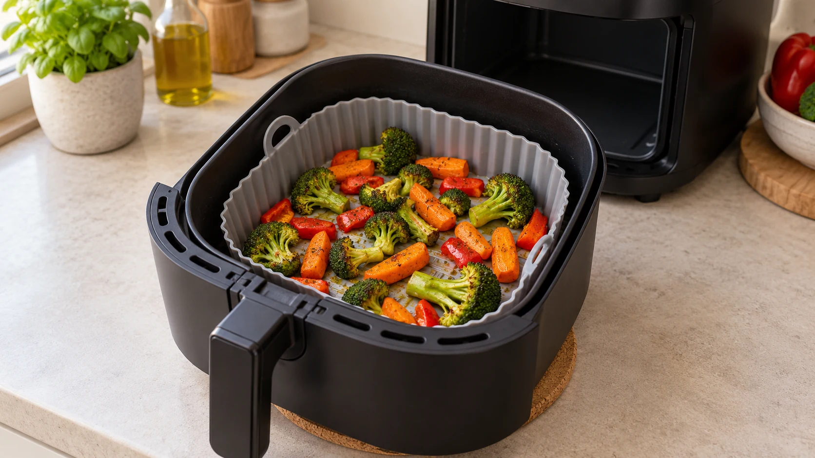 Grijs siliconenbakje met geroosterde broccoli, wortel en paprika in een open airfryermandje op een onderzetter.