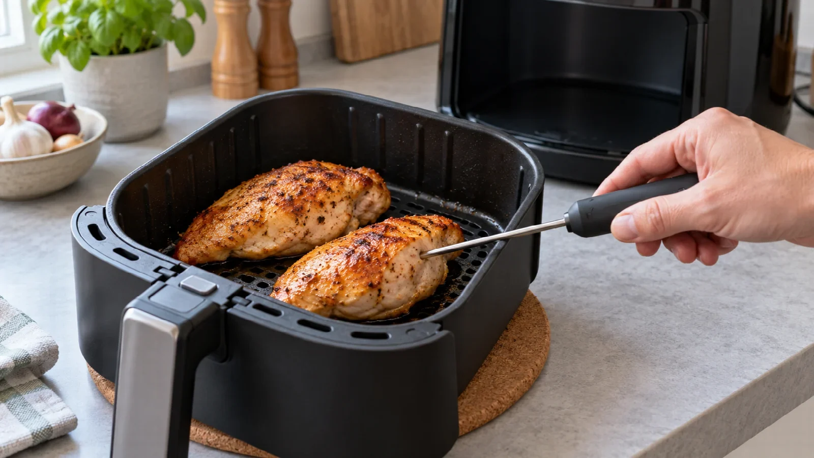 Een hand meet met een insteekthermometer de kern van een gebakken kipfilet in een uitgenomen airfryerlade op een kurken onderzetter.