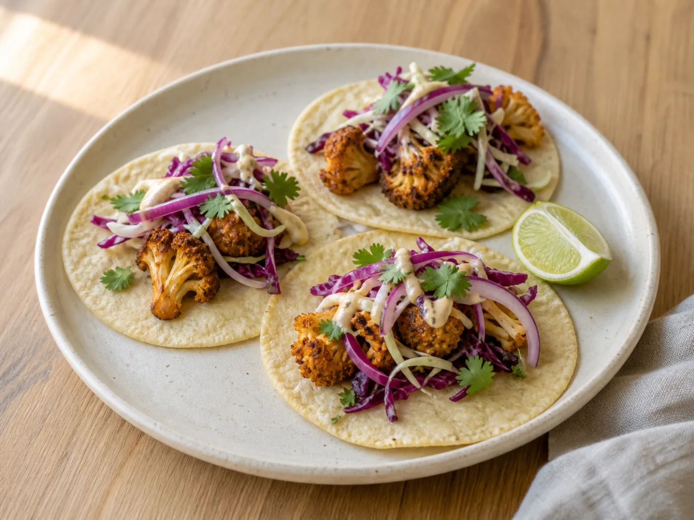 Drie bloemkooltaco’s met paarse koolsla, tahinsaus, rode ui, koriander en limoen