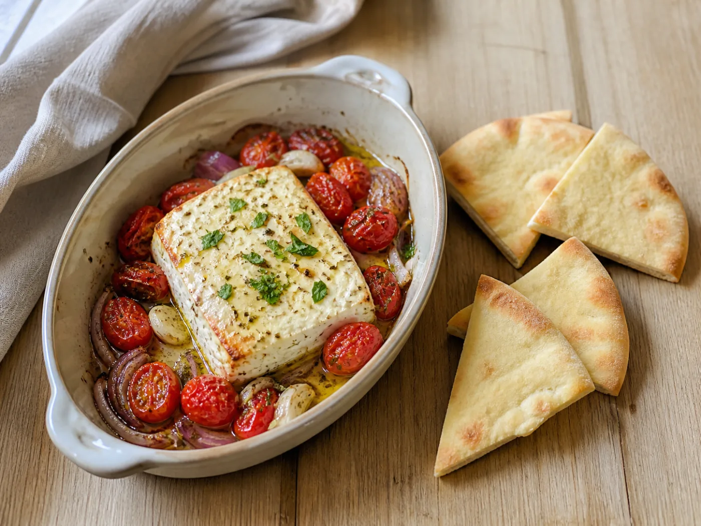 Warme feta met geroosterde cherrytomaten, rode ui, oregano en knapperige pitapunten