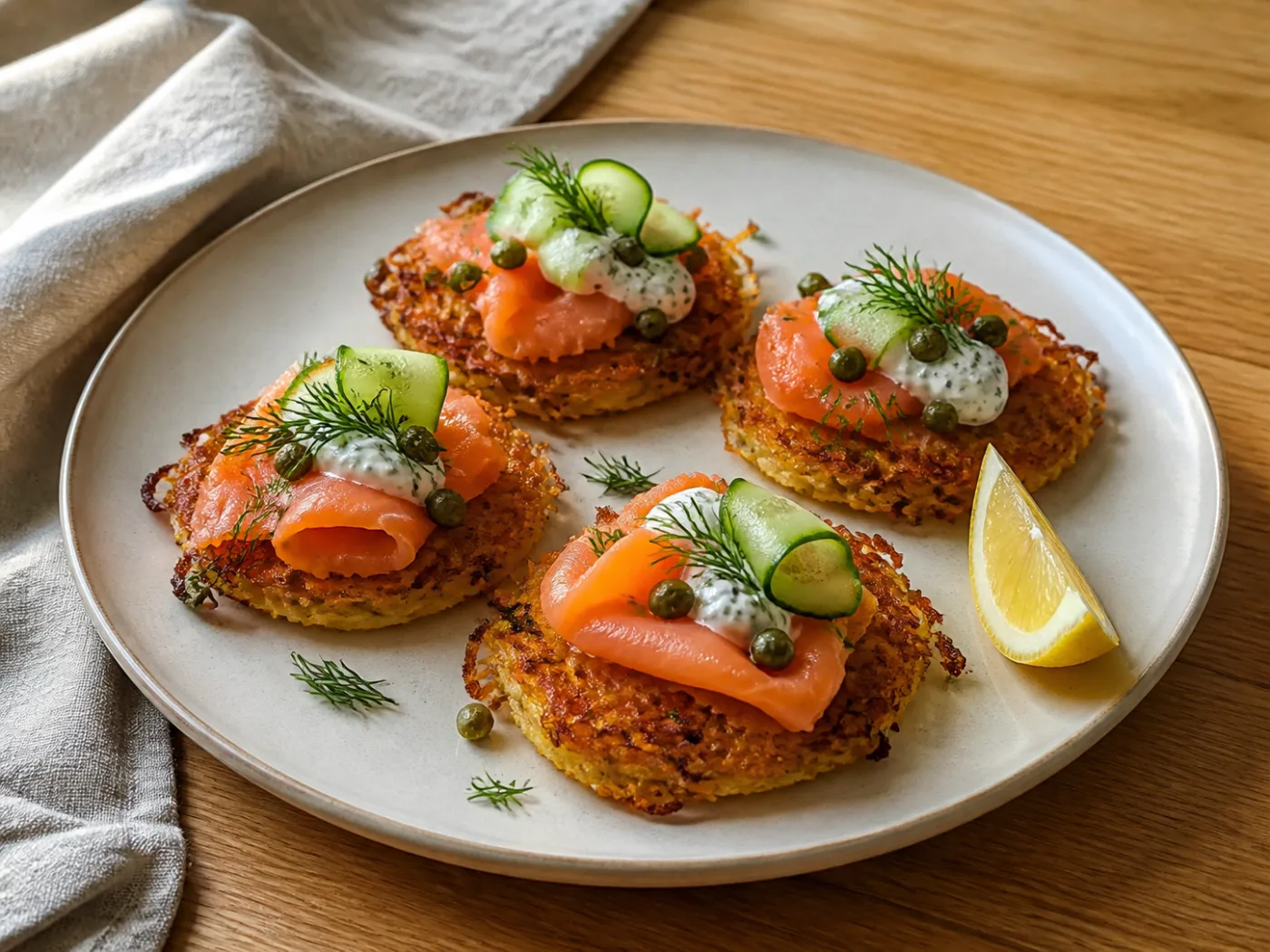 Krokante aardappelrösti met gerookte zalm, dille-yoghurt, komkommer en kappertjes