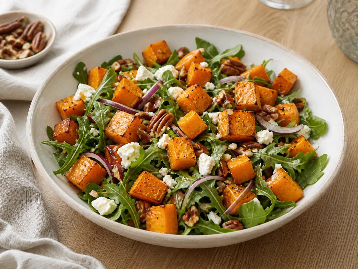 Lauwwarme salade met geroosterde pompoen, feta, rucola, pecannoten en rode ui