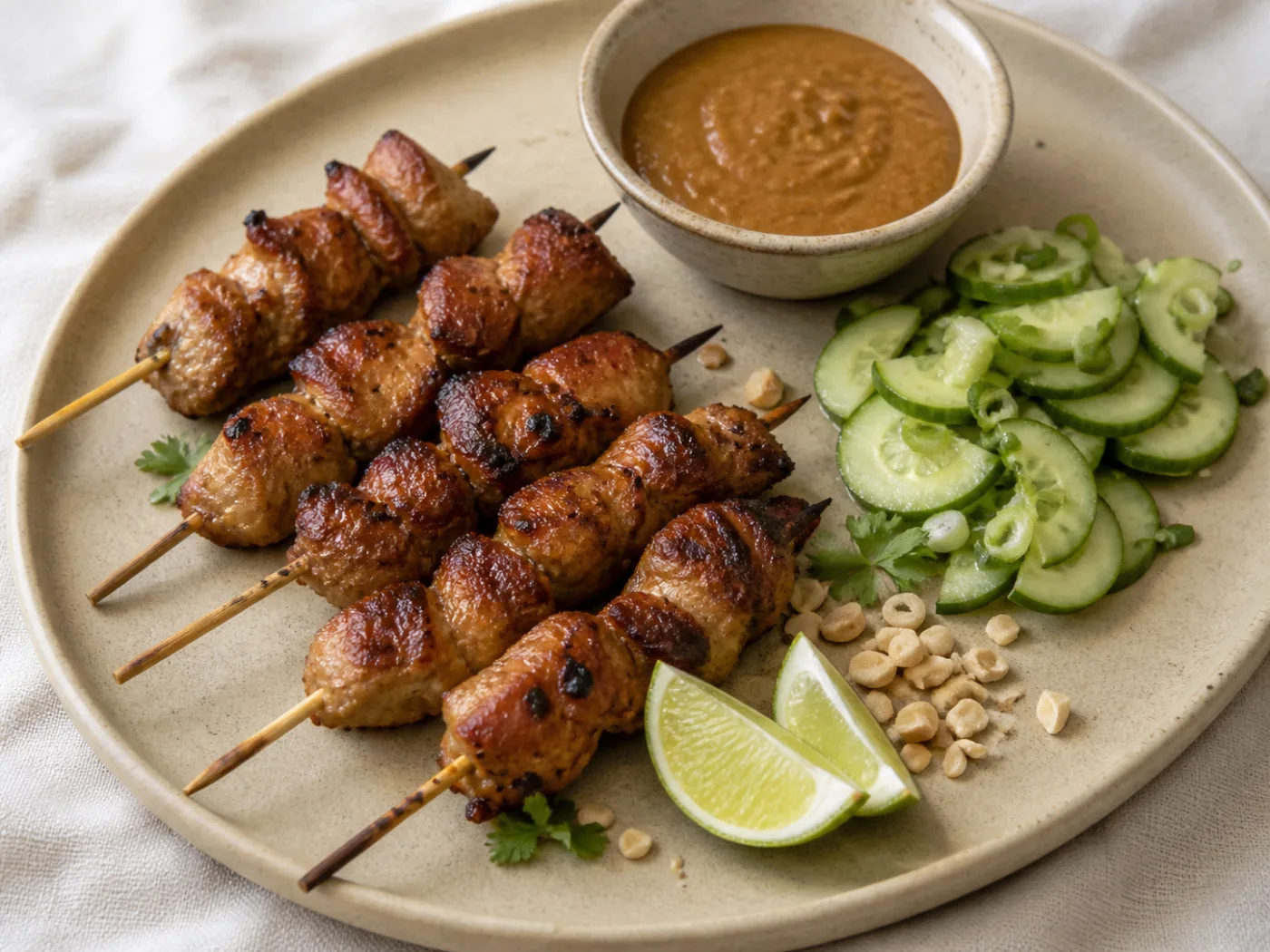 Kipsaté uit de airfryer met pindasaus en komkommersalade