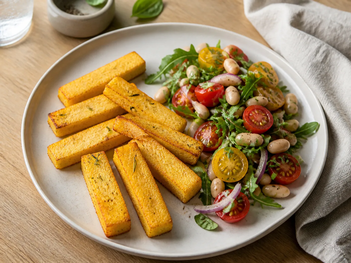 Krokante polentasticks met salade van cherrytomaten, witte bonen, rucola en basilicum