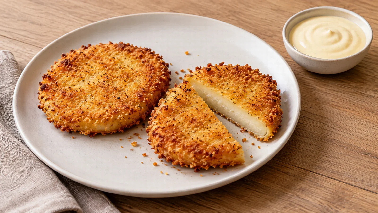 Twee knolselderijschnitzels met een krokante pankokorst, waarvan één doorgesneden, op een bord naast een schaaltje mosterdyoghurt.